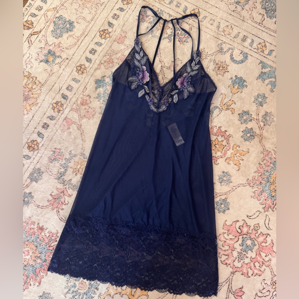 Sheer Navy Floral Lace Chemise with Strappy Back